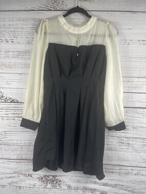 Dazy Dress Women's Large Black White Long Sleeve Sheer Contrast Mini Pleated New